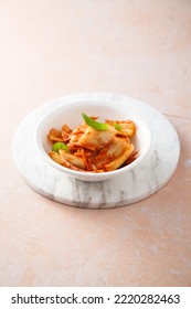 Traditional Homemade Kimchi Cabbage In A White Bowl