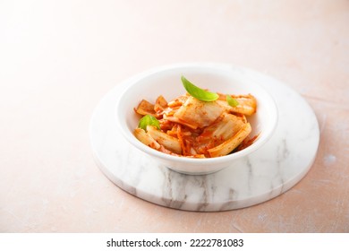 Traditional Homemade Kimchi Cabbage In A White Bowl