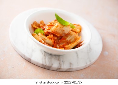 Traditional Homemade Kimchi Cabbage In A White Bowl