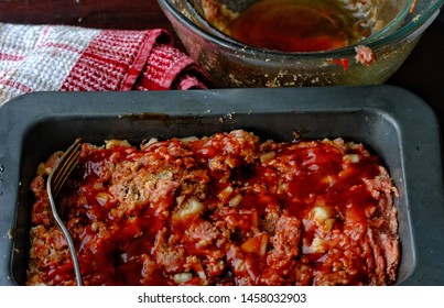 Traditional Homemade Meatloaf In Pan Ready To Bake. High Angle View