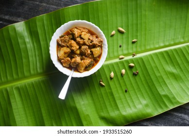 Traditional Homemade Pork Curry From Asian Cuisine. Goan Pork Vindaloo. Spicy Delicious Meat Beef Curry. Bowl Of Tasty Mutton Indian Spices. Side Dish Of Ghee Rice, Christian Food For Christmas India