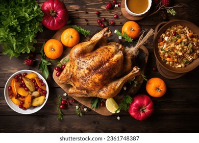 Traditional homemade roasted Thanksgiving Day turkey dinner. Top-view table scene on a dark wood banner background. Turkey, mashed potatoes, dressing, pumpkin pie, and sides. - Powered by Shutterstock