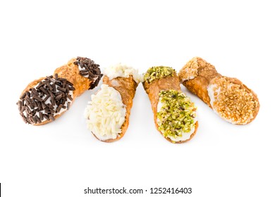 Traditional homemade Sicilian sweet. Cannoli, of different tastes stuffed with cream cheese.