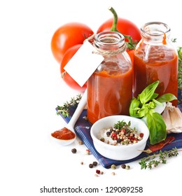 Traditional Homemade Tomato Sauce With Empty Name Tag And Ingredients.