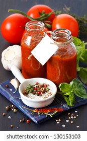 Traditional Homemade Tomato Sauce With Empty Name Tag And Ingredients