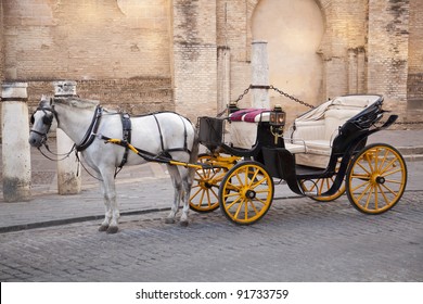 Traditional horse and carriage in front of Cathedral Santa Maria de la Sede in Seville, Andalusia, Spain.