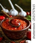 Traditional hot sauce adjika with hot peppers, spices, tomatoes, garlic and herbs on the background of a wooden kitchen table in a rustic style.