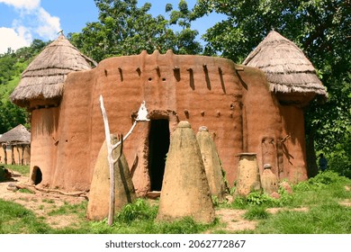 Traditional House 
With Voodoo Fetishes In Front Of The Tamberma People (Tatasomba) Of Togo And Benin, Classified As A UNESCO World Heritage Site