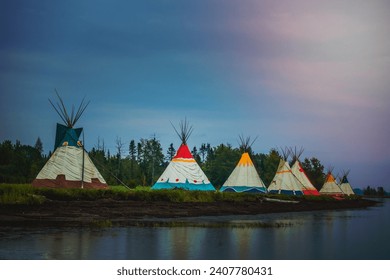 Traditional houses of native Americans installation in Gesgapegiag city, Quebec, Canada.