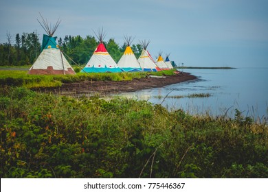 Traditional Houses Of Native Americans Installation In Gesgapegiag City, Quebec, Canada.