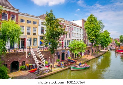 Traditional houses on the Oudegracht (Old Canal) in center of Utrecht, Netherlands. 