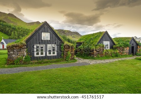 Traditional Icelandic houses with grass roof,  Iceland