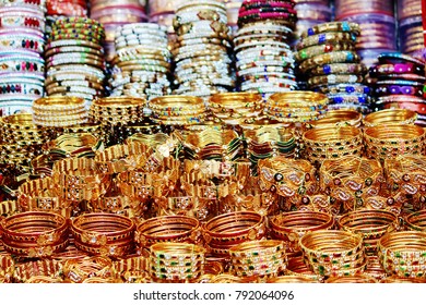 Traditional Indian Bangles And Bracelets At The Market In Udaipur, Rajasthan, India.