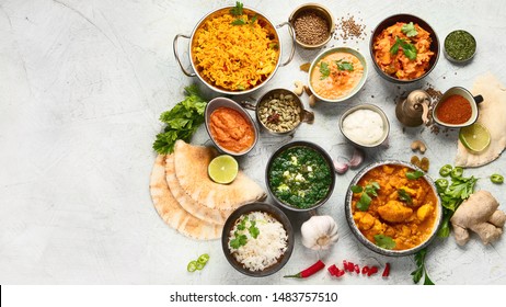 Traditional indian cuisine.  Top view with copy space