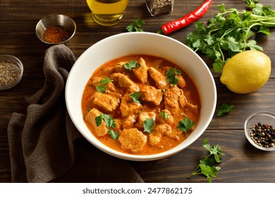 Traditional indian dish chicken tikka masala. Butter chicken meat in white bowl on wooden table. Close up view - Powered by Shutterstock