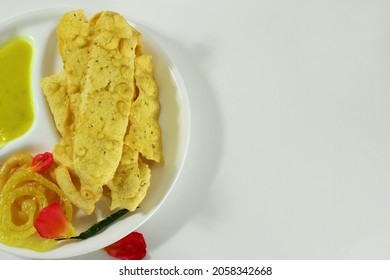 Traditional Indian Gujarati Snack Fafda With Sweet Jalebi And Chutney For Indian Holiday In White Background