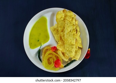 Traditional Indian Gujarati Snack Fafda With Sweet Jalebi And Chutney For Indian Holiday