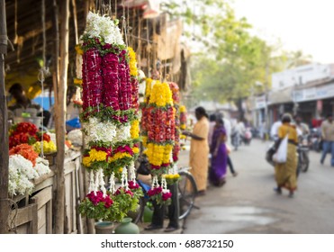 Traditional Indian Marigold Flower Garlands In A Market Place