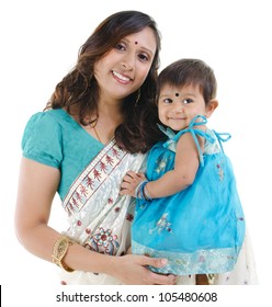 Traditional Indian Mother And Her Baby Girl Isolated On White Background