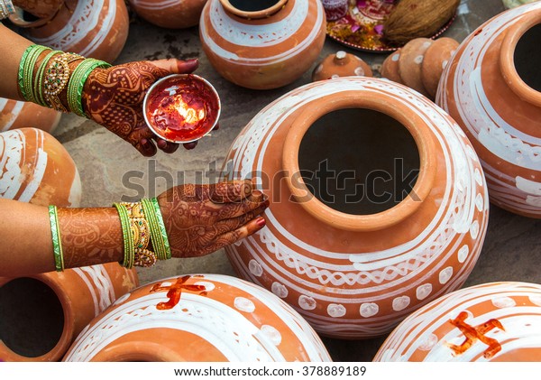 Traditional Indian Wedding Ceremony Pots Applied Stock Photo Edit