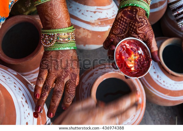 Traditional Indian Wedding Ceremony Pots Applied Stock Photo Edit