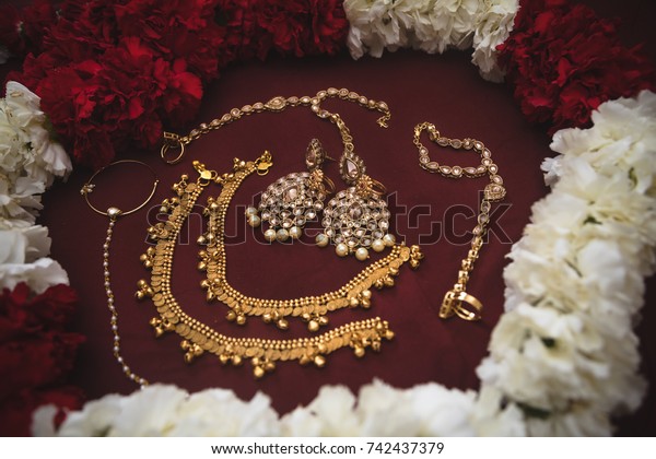 Traditional Indian Wedding Jewelry Including Earrings Stock Photo