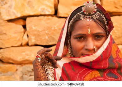 Traditional Indian Woman In Sari Costume Covered Her Face With Veil, India