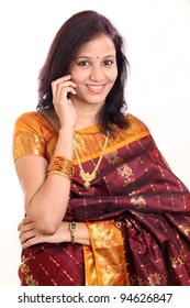 Traditional Indian Woman Talking On Mobile Phone