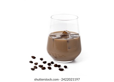 Traditional Irish cream coffee liqueur with ice isolated on white background