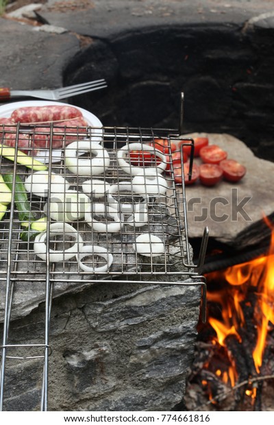 Traditional Italian Alpine Stone Cooking Fireplace Stock Photo