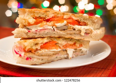 Traditional Italian Chicken Cutlet, Tomato And Mozzarella Cheese Panini Sandwich On Ciabatta Bread