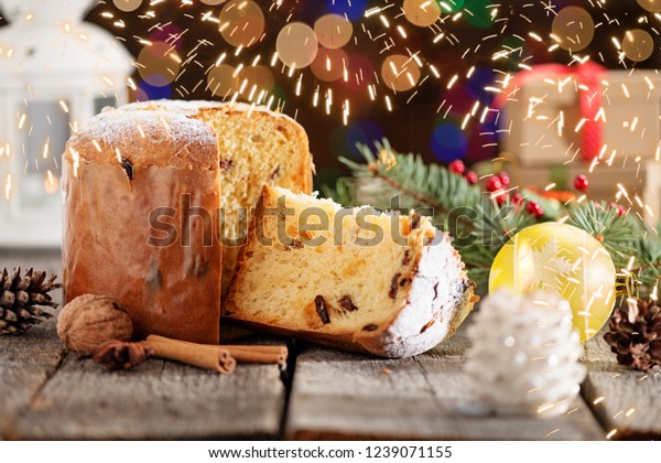 Traditional Italian Christmas Fruit Cake Panettone Stock Photo