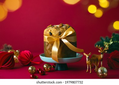 Traditional Italian Christmas Treat Panettone Decorated For A Festive Table, Front View