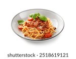 Traditional italian food - spaghetti bolognese with fresh basil leaves and parmesan cheese. isolated on white background