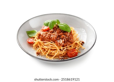 Traditional italian food - spaghetti bolognese with fresh basil leaves and parmesan cheese. isolated on white background - Powered by Shutterstock