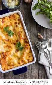 Traditional Italian Lasagna In Casserole Dish, Top View