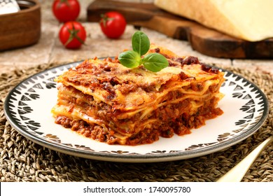 traditional Italian lasagna on stone kitchen table