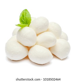 Traditional Italian Mozzarella Cheese And Basil On White Background