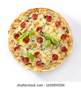 Traditional Italian Pepperoni Pizza With Mushrooms, Salami, Mozzarella Cheese, Fresh Basil And Tomatoes Isolated. Delicious Italy Boletus Flatbread Cutout, Hot Tasty Fast Food Topview