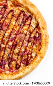 Traditional Italian Pizza With Ham And Chicken, Drizzled With Bbq Sauce . On A White Isolated Background