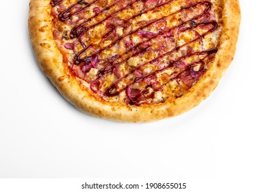 Traditional Italian Pizza With Ham And Chicken, Drizzled With Bbq Sauce . On A White Isolated Background