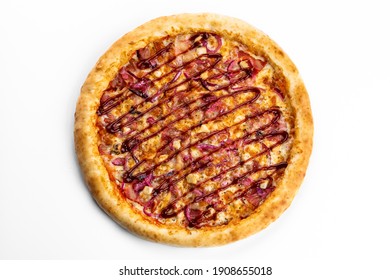 Traditional Italian Pizza With Ham And Chicken, Drizzled With Bbq Sauce . On A White Isolated Background