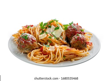 Traditional Italian Spaghetti With Meatballs And Parmesan In Tomato Sauce On A White Plate. American Family Meal Isolated On White Background.