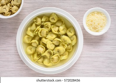 Traditional Italian Tortellini In Brodo (broth) Soup, Photographed Overhead With Natural Light 