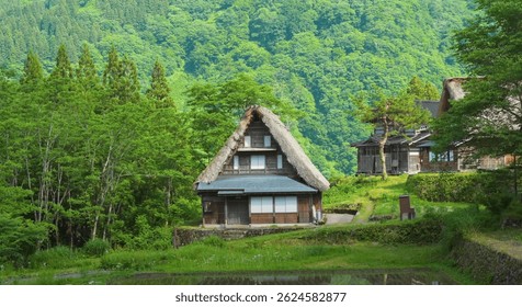 Traditional Japanese farmhouse with a steep thatched roof nestled in lush green mountains, reflecting rural life and cultural heritage.