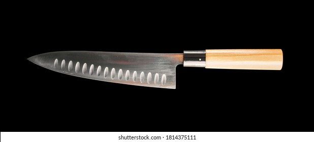 Traditional Japanese Gyuto Chief Knife Isolated On Black Background