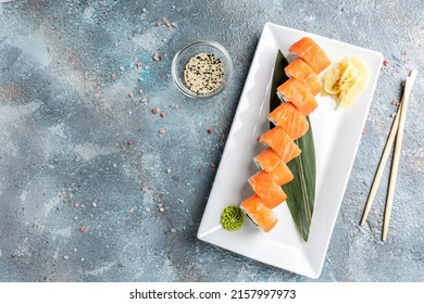 Traditional Japanese Kitchen, Delicious Fresh Sushi Roll Set. Sushi Roll With Rice, Cream Chees, Red Fish, Salmon. Sushi Menu, Restaurant. Seafood, Asian Food,