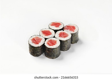 Traditional Japanese maki rolls with tuna on a white background.