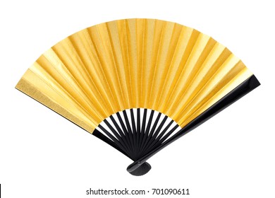 Traditional Japanese Style Golden Hand Fan Isolated On White Background