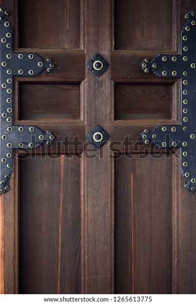 Traditional Japanese Temple Door Decorated Iron Stock Photo